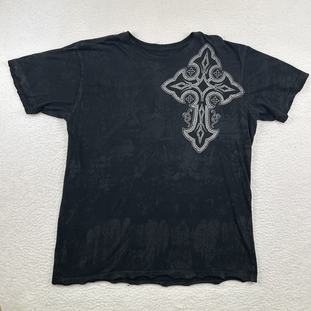 Vtg Affliction Shirt Mens XL Live‎ Fast Cross AOP Graphic Distressed Y2K Grunge - Picture 3 of 11